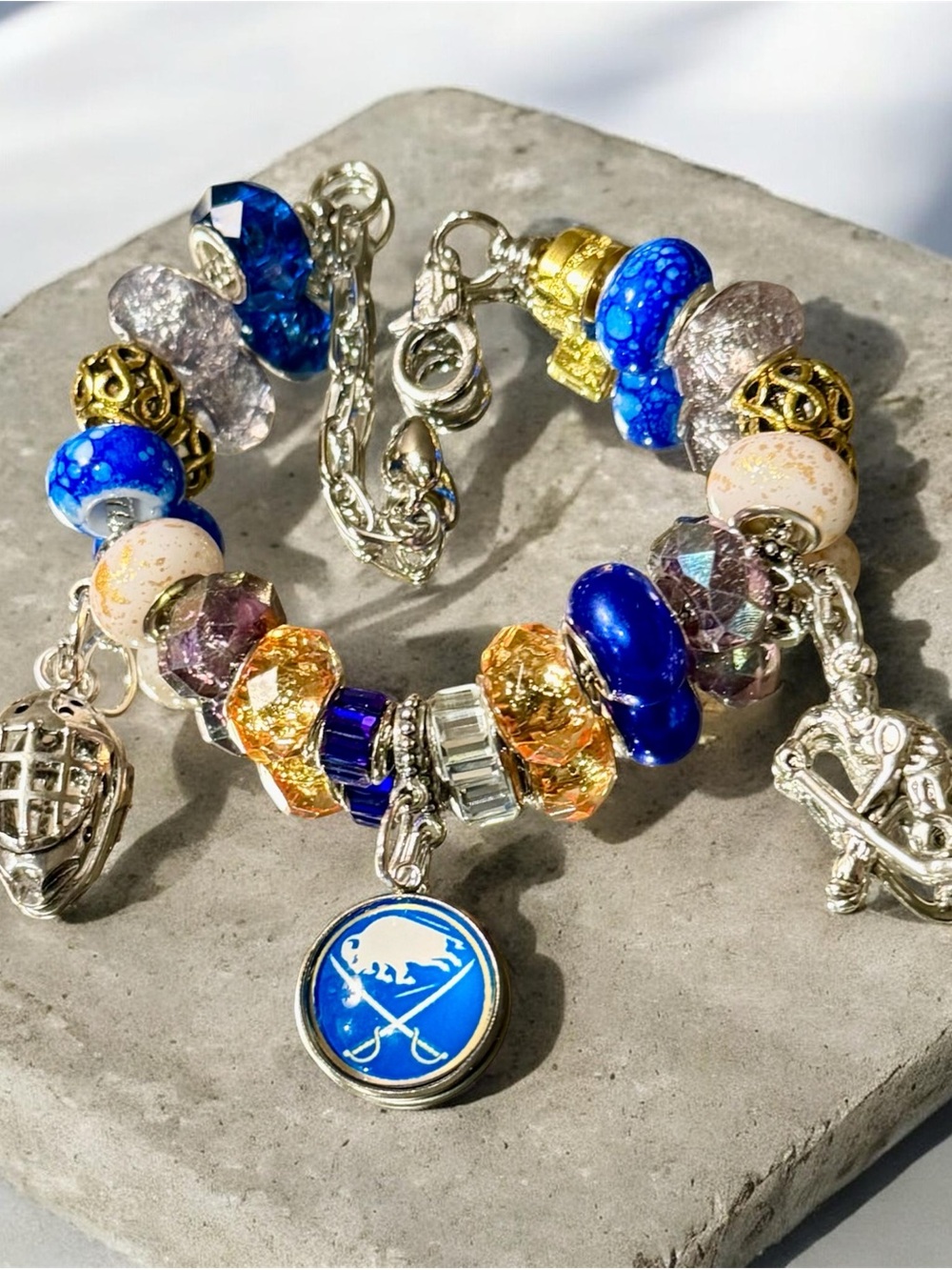 Blue and Gold Beaded Charm Bracelet with Team Medallion